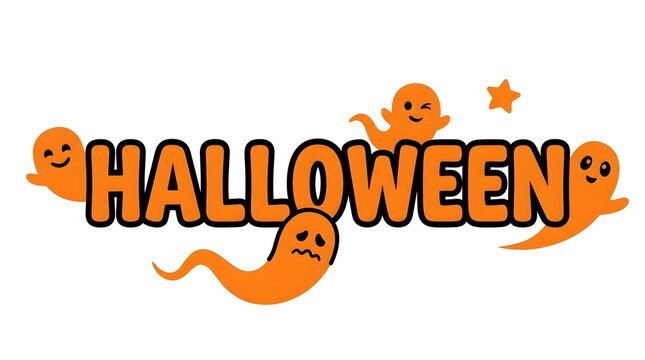 Halloween text design with cute orange ghosts on a white background