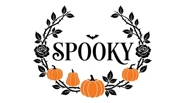 Spooky Halloween text design with pumpkins and floral wreath illustration