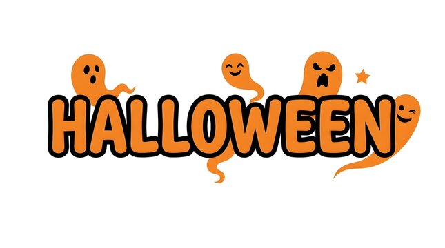 Halloween text design with cute orange ghosts on white background for holiday greeting cards
