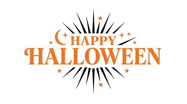 Happy Halloween text design with stars and crescent moon on a white background