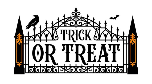 Halloween Trick or Treat sign with wrought iron gate, raven, and bat silhouette design.