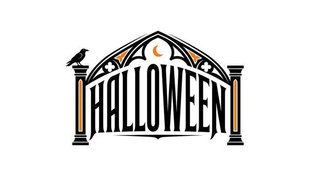 Halloween gothic typography logo with raven and moon illustration on white background