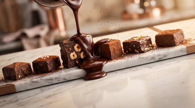 Delicious homemade chocolate brownies being drizzled with warm melted chocolate sauce on a wooden board