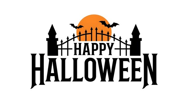 Happy Halloween typography design with spooky fence, bats and full moon graphic element.