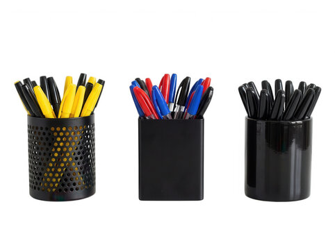 Black pen pots with colorful markers isolated on transparent background