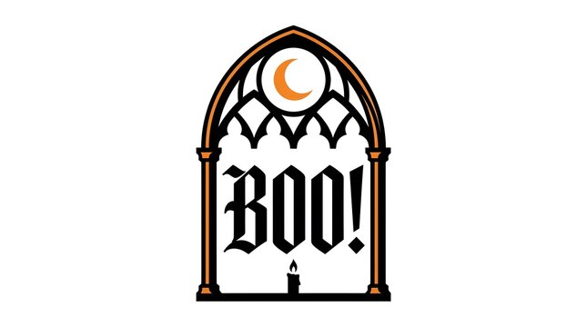 Halloween Boo Text Design with Gothic Arch and Crescent Moon Illustration