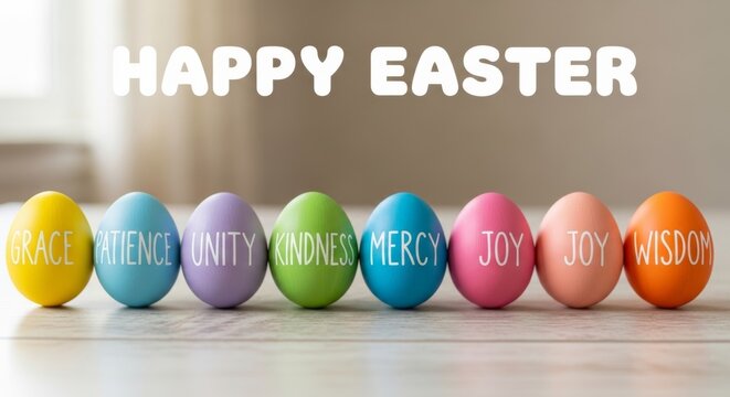 Seven hand painted pastel Easter eggs with virtue words Grace Patience and Unity on a weathered wooden table