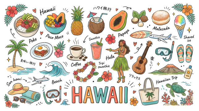 Colorful hawaii-themed illustration with tropical food and activities