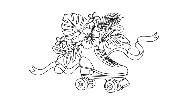 Roller Skate Tropical Flowers Ribbon Line Art Isolated