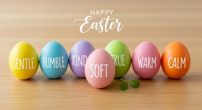 High key photograph of seven pastel easter eggs with gentle and kind words on a light oak table with a sprout