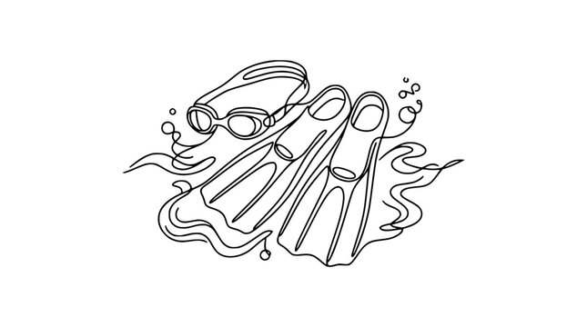 Swimming Gear Line Art: Flippers, Goggles, Bubbles on Transparent Background
