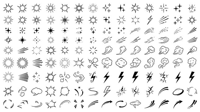 Set of hand drawn doodle comic elements including stars, sparkles, clouds, lightning bolts and motion speed lines for graphic design.