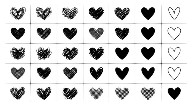 Set of various hand drawn heart icons in black, sketch and doodle love symbols for design elements