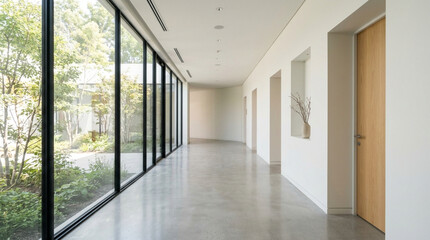 Fototapeta premium Modern Hallway with Large Windows and Greenery