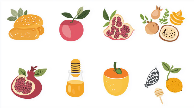 Rosh Hashanah clipart. Jewish new year attributes, illustrations of the elements used to celebrate new year: pomegranate, honey, shofar and kidush