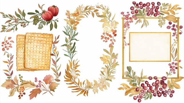 Rosh Hashanah clipart. Jewish new year attributes, illustrations of the elements used to celebrate new year: pomegranate, honey, shofar and kidush