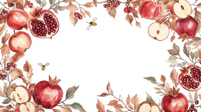 Rosh Hashanah clipart. Jewish new year attributes, illustrations of the elements used to celebrate new year: pomegranate, honey, shofar and kidush