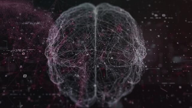 Glowing wireframe model of a human brain in a dark red digital environment, illustrating artificial intelligence and machine learning.