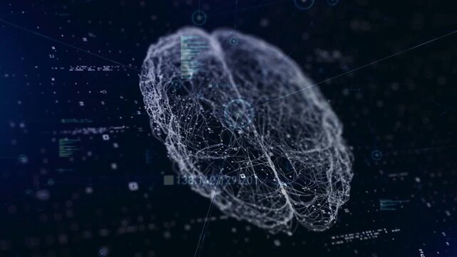 Blue glowing digital wireframe of a human brain floating in cyberspace, representing advanced artificial intelligence and digital consciousness.