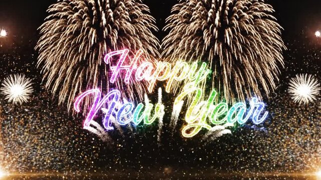Colorful fireworks with Happy New Year text on black background