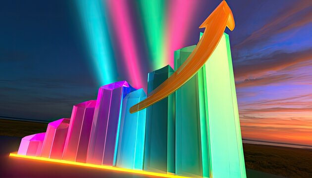 Vibrant 3D bar graph with an orange arrow indicating upward growth