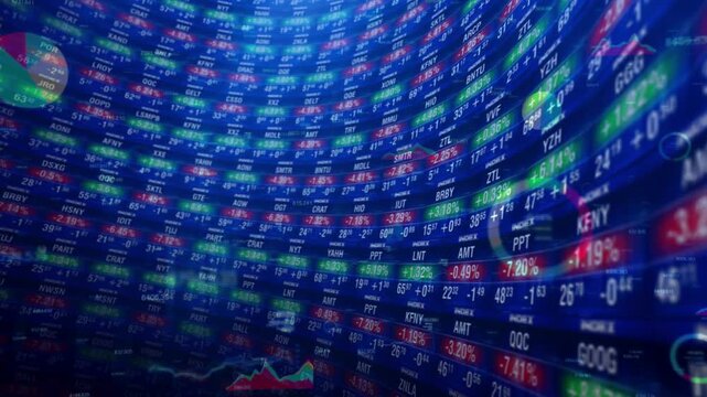 Curved digital display showing live stock market ticker data, financial charts, and moving numbers representing global trading and economic trends.