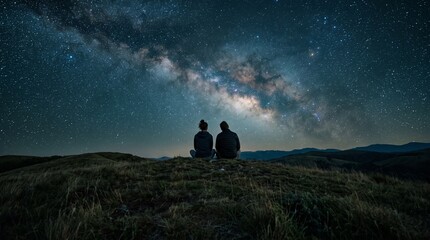 Fototapeta premium Two silhouetted people sitting on a grassy hill watching the milky way over rolling hills