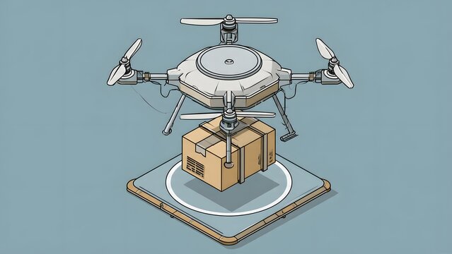 Isometric vector illustration of a delivery drone carrying a cardboard box package hovering above a landing pad in blue tones