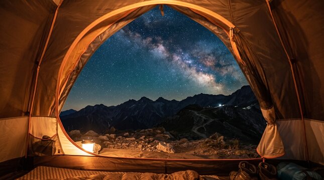 View from inside a glowing tent toward mountain ridges and the milky way on a summer night