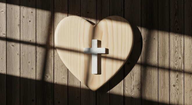 Heart shaped light wood with a white cross and window pane shadows on dark distressed planks