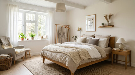 Fototapeta premium Cozy Scandinavian Bedroom with Natural Light and Plush Textiles
