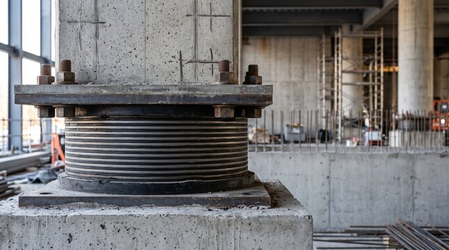Elastomeric bearing under a concrete column at a construction site with scaffolding behind it