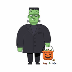 Frankenstein Character Holding Halloween Candy Bucket