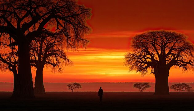 Solitary figure walks through silhouetted baobab trees at sunset