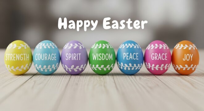 Macro shot of seven hand-painted Easter eggs with vine patterns and words like Strength and Joy on a wooden table