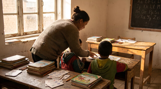 Community education program showing a volunteer supporting learning activities, representing equal access to education, literacy, empowerment, and sustainable community development