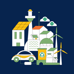 Fototapeta premium Renewable energy sources illustration, solar panels and wind turbines, electric car charging, recycling symbol, ecology concept, clean power infrastructure, flat vector design