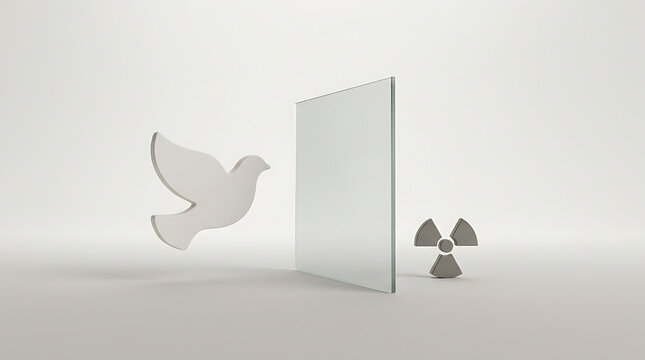 Conceptual 3D illustration contrasting peace with nuclear threat through a protective glass barrier