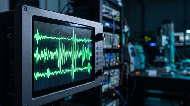 Seismograph screen displaying bright green earthquake waveforms in a dark monitoring room