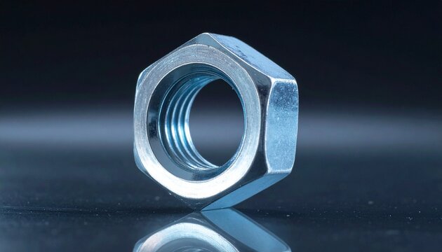 Close up of a shiny metallic hex nut with internal threads against a dark reflective background