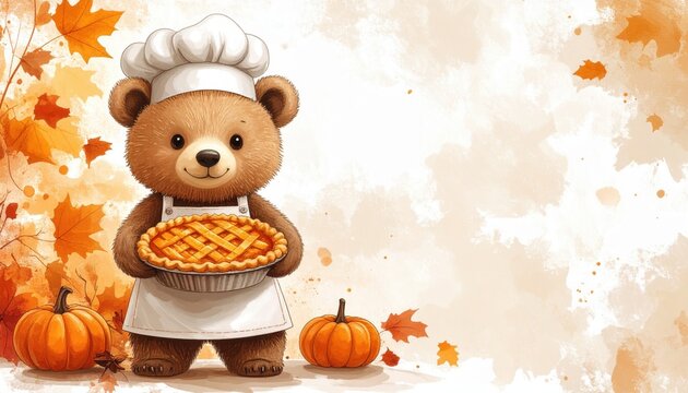 Cute bear wearing a chef"s hat and apron, holding a freshly baked pie, surrounded by pumpkins and autumn leaves on a warm fall background.