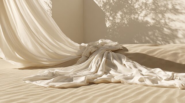 Delicate draped fabric on sandy dunes with dappled sunlight