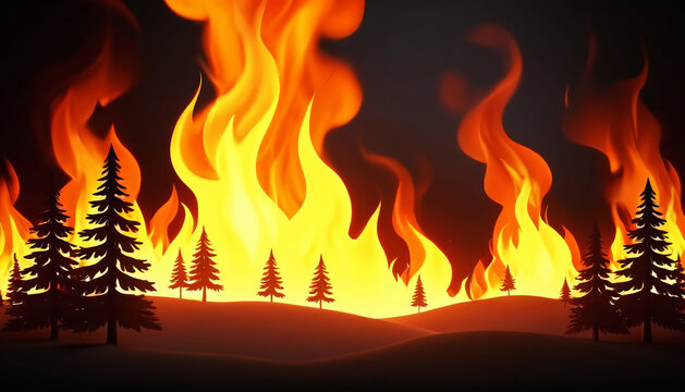 Large wildfire behind silhouetted forest trees