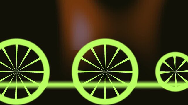 Green spinning bicycle wheels abstract animation on a dark background