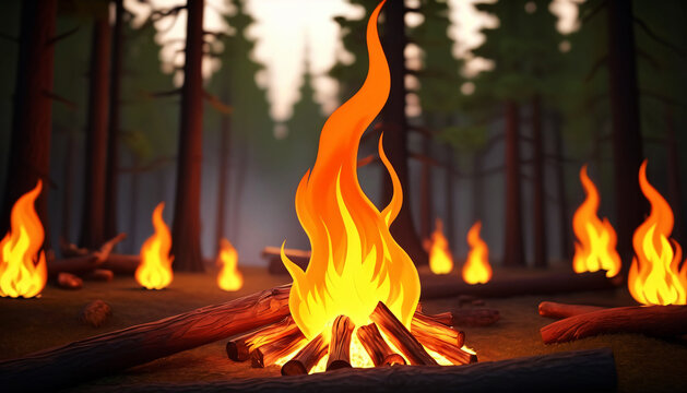 Ground flames across a wooded forest trail