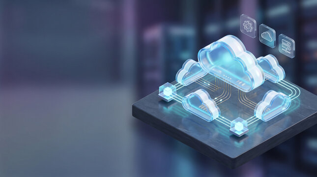 3D isometric cloud computing network with glowing cyan data nodes and copy space on dark slate background