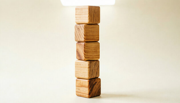 A vertical stack of natural wooden cube blocks in varying warm tones, precisely aligned in a column against a plain beige studio background, close-up product shot