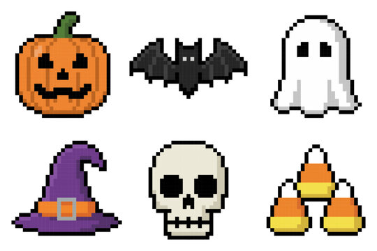 Cute pixel art Halloween icons including pumpkin bat ghost witch hat skull and candy corn for festive holiday design projects