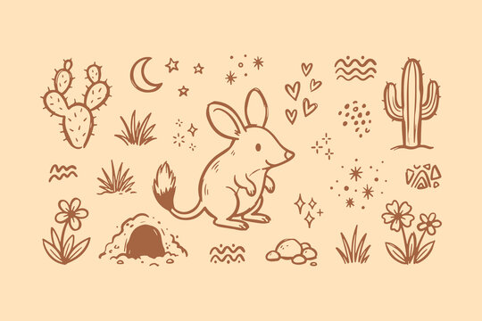 Cute hand drawn desert jerboa animal with cactus and flowers doodle set for kids design Vector, illustration