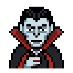 Fototapeta premium Creepy retro pixel art vampire character wearing a black and red cape perfect for spooky Halloween designs